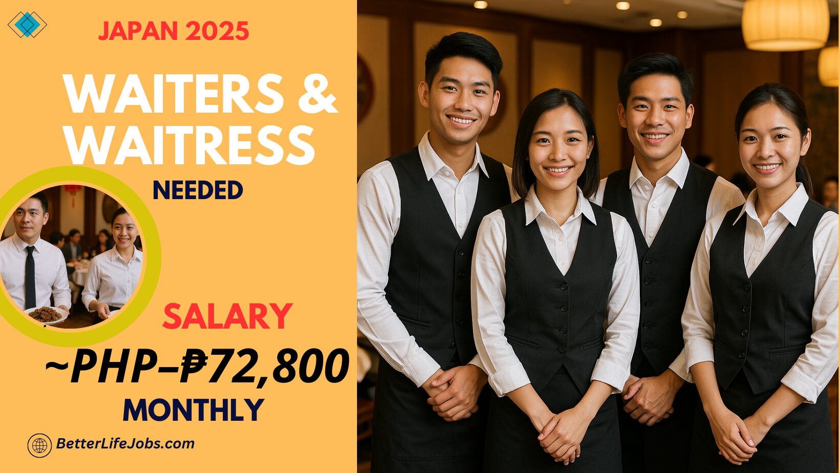 Waiter Job In Japan earn up To PHP 72,800 Monthly